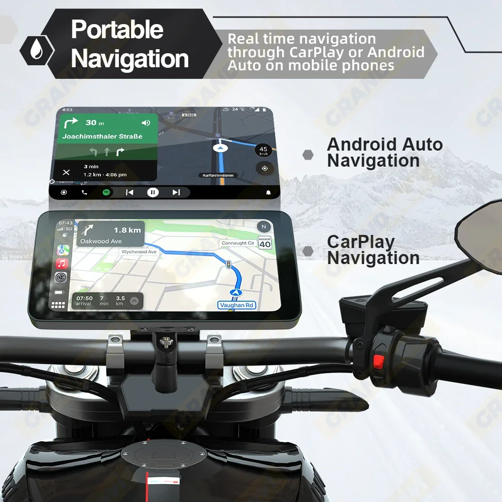 6,5 Zoll Motorrad Tragbare Smart Display IP67 Wasserdichte Drahtlose CarPlay Android Auto Abnehmbare Halterung Bluetooth Monitor – Detail 10