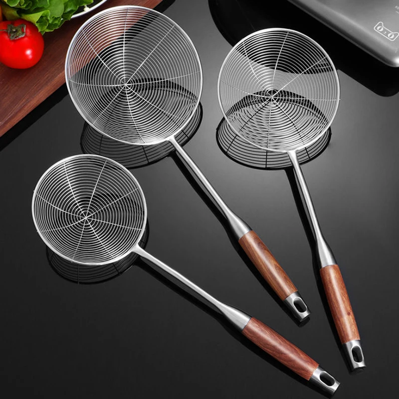 304 Stainless Steel Spider Strainer Skimmer for Cooking and Frying, Wire Pasta Strainer with Wood Handle - Kitchen Utensils