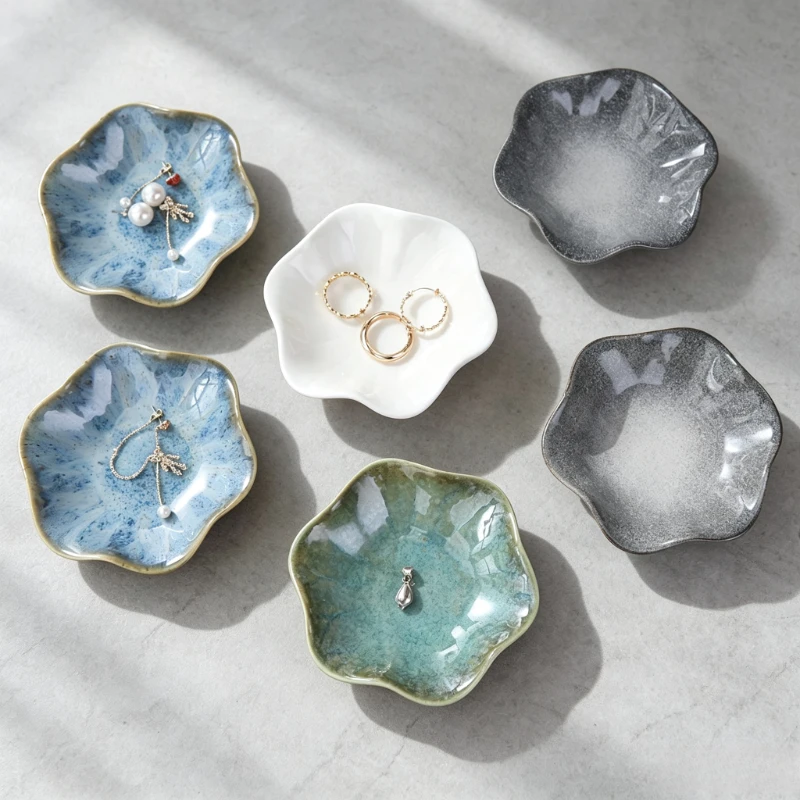 Luxury Ceramic Jewelry Tray Lotus‑Shaped Ring Earring Holder Decorative Display Plate for Desktop Photography Prop