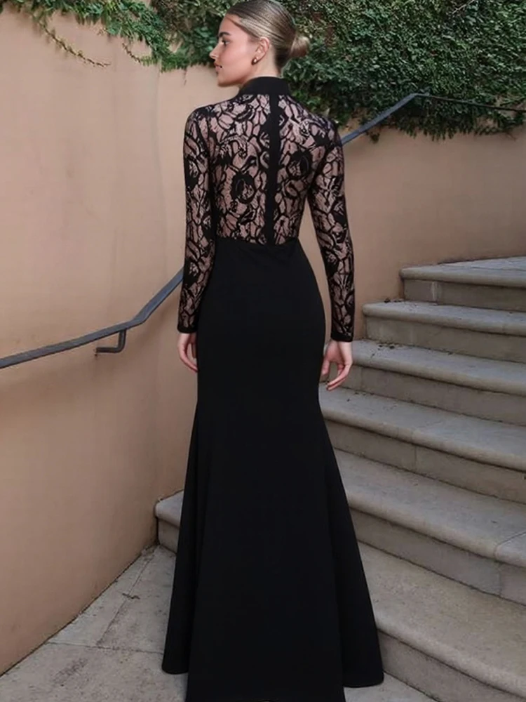 Abito Lungo da Donna con Maniche Lunghe, Aderente, con Pieghe e Cerniera, Sexy, Stile Mezzanotte, per Feste e Balli, Collo Alto, con Inserti in Pizzo