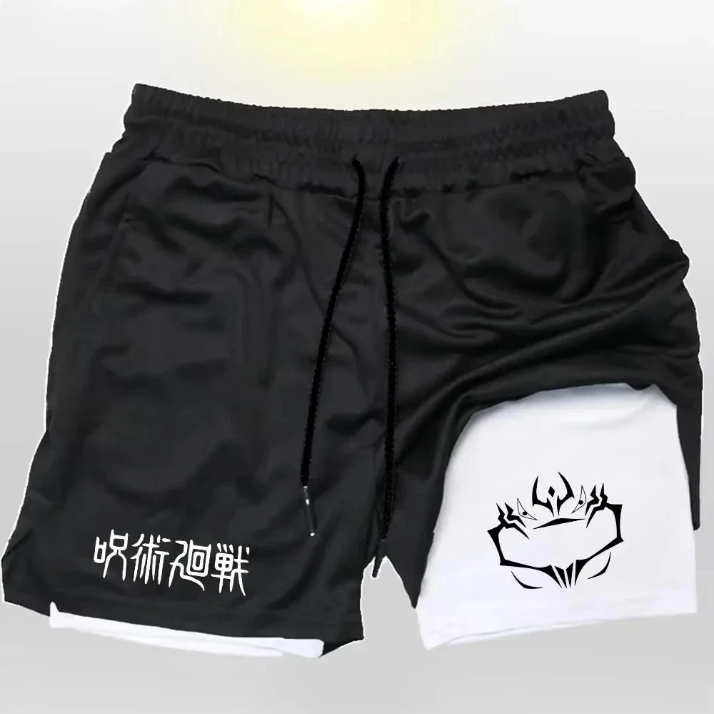 Jujutsu Kaisen Black Shorts - Anime Character Print, Double Layer Quick Dry Shorts for Men, Casual Athletic Wear