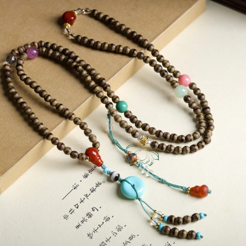 Multi Wrap Butter Agarwood Bracelet with Magnesite Turquoise Peace Buckle Buddhist Prayer Beads Gifts