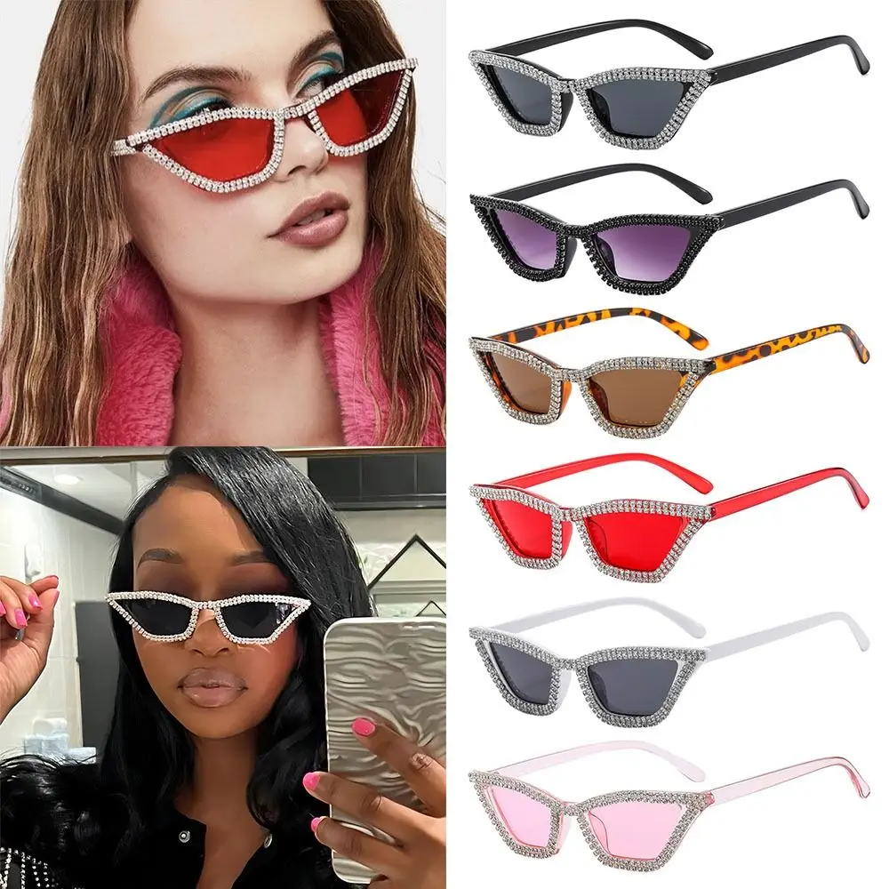 Retro Small Cat Eye Sunglasses Diamond Crystal Disco Party Glitter Sun Glasses Triangle Frame Sparkling Shades for Women