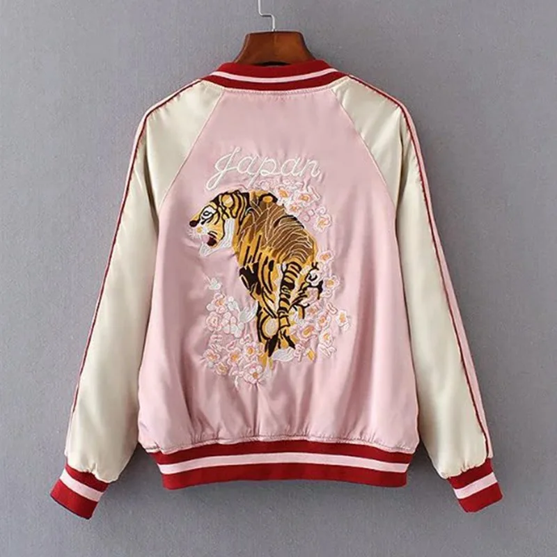 Women's Reversible Satin Souvenir Bomber Jacket Intricate Tiger & Crane Embroidery, Japanese Streetwear
