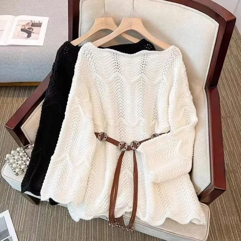 Spring Autumn New Slash Neck Thin Hollow Out Sweater Women Vintage Ethnic Waistbelt Knit Tops Solid Pullovers Fashion Knitwear