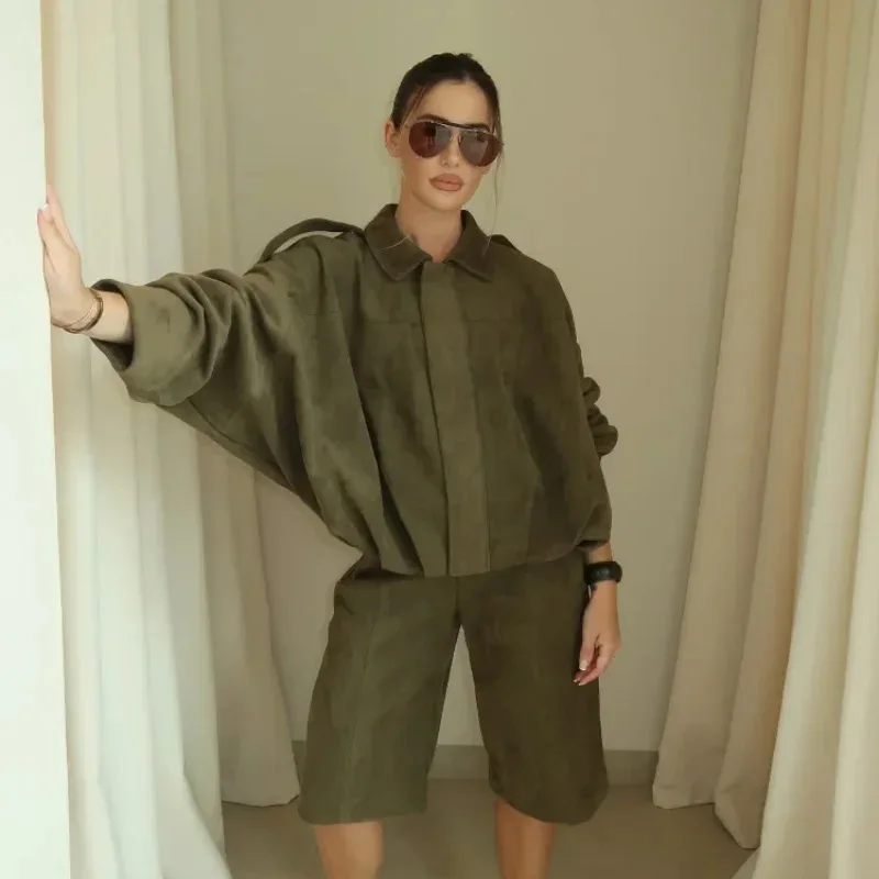 

Womens Suede Jacket and Pants Set Loose Fit Bomber Coat Batwing Sleeve Zipper Lapel Casual Outfit for Spring Autumn Fashion