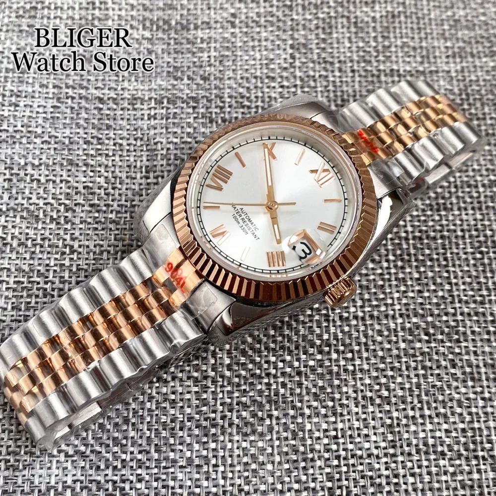 BLIGER 36mm 39mm NH35 Sunburst Silver Dial Rose Gold Roman Numbers Watch Men Sapphire Automatic Wristwatch Steel Jubilee Strap