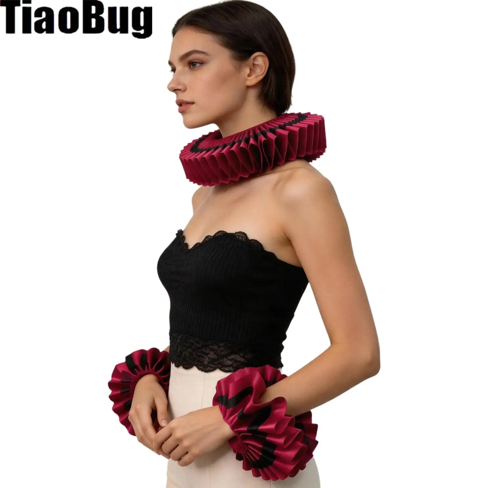 Women Gothic Collar Luxurious Adjustable Retro Court-style Neck Ruffled Faux Collar Cuffs Set for Cosplay Photography