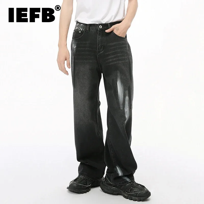 

IEFB High Street Men's Denim Pants Casual Graffiti Contrast Color Bottom Straight Wide Leg Male Loose Trousers Stylish 9C7208