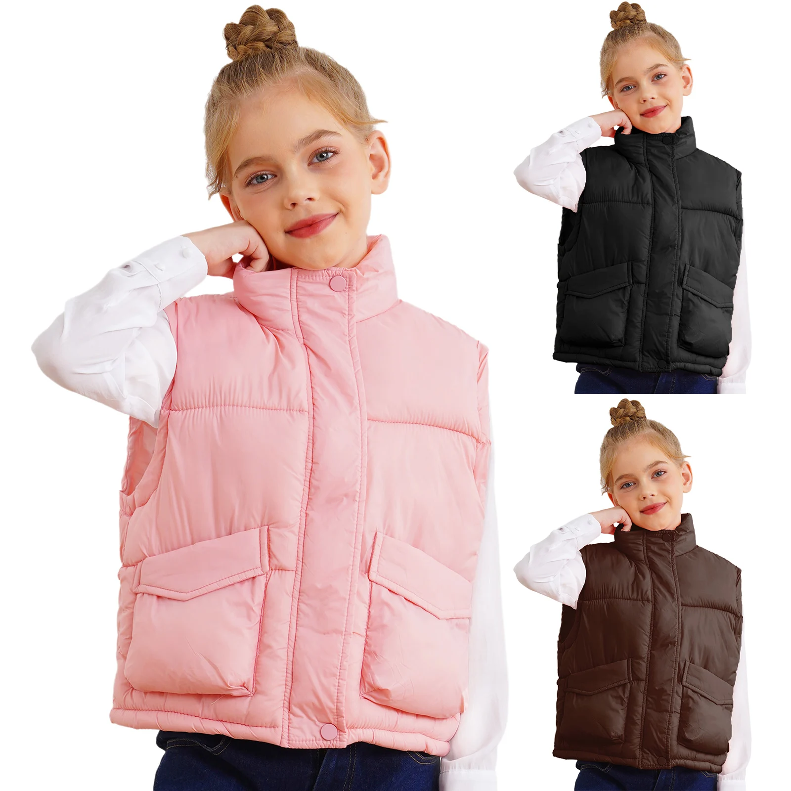 

Kids Girls Warm Puffer Vest Autumn Winter Stand Collar Sleeveless Coat Zipper Padded Jacket Outerwear with Pockets Korean Style