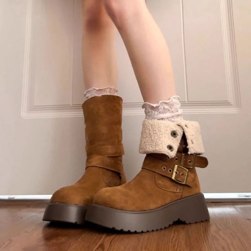 

Autumn Winter Cotton Women Knight Boots Fashion Belt Buckle Thick Heel Shoes Female Vintage Short Plush Mid Calf Booties