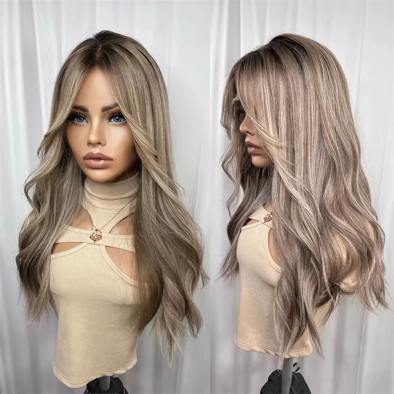 Ombre Blonde Brown Glueless HD Transparent Lace Front Wig 100% Human Hair Natural Preplucked Hairline 28 Inch Free Part Cosplay