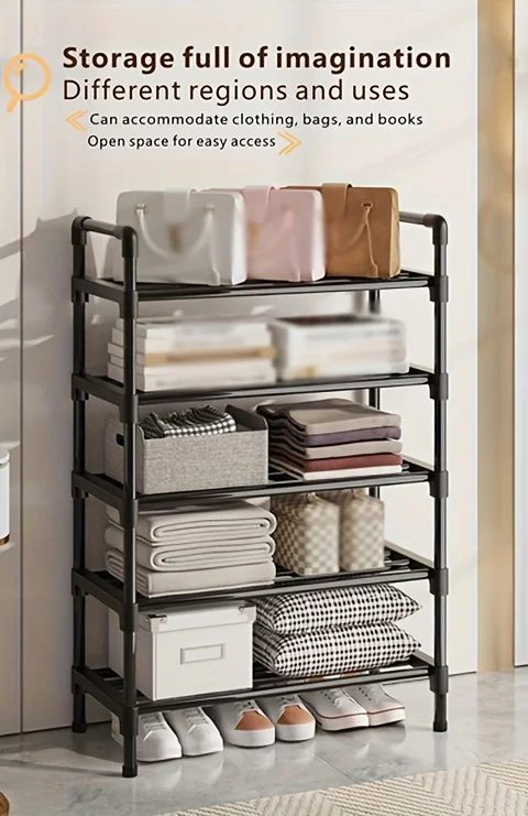 Mehrstöckiges Schuhregal aus Metall, stapelbarer Organizer, freistehend, schwarz, platzsparende Aufbewahrung für Schrank, Schlafzimmer, Innen- und Außenbereich – Detail 5