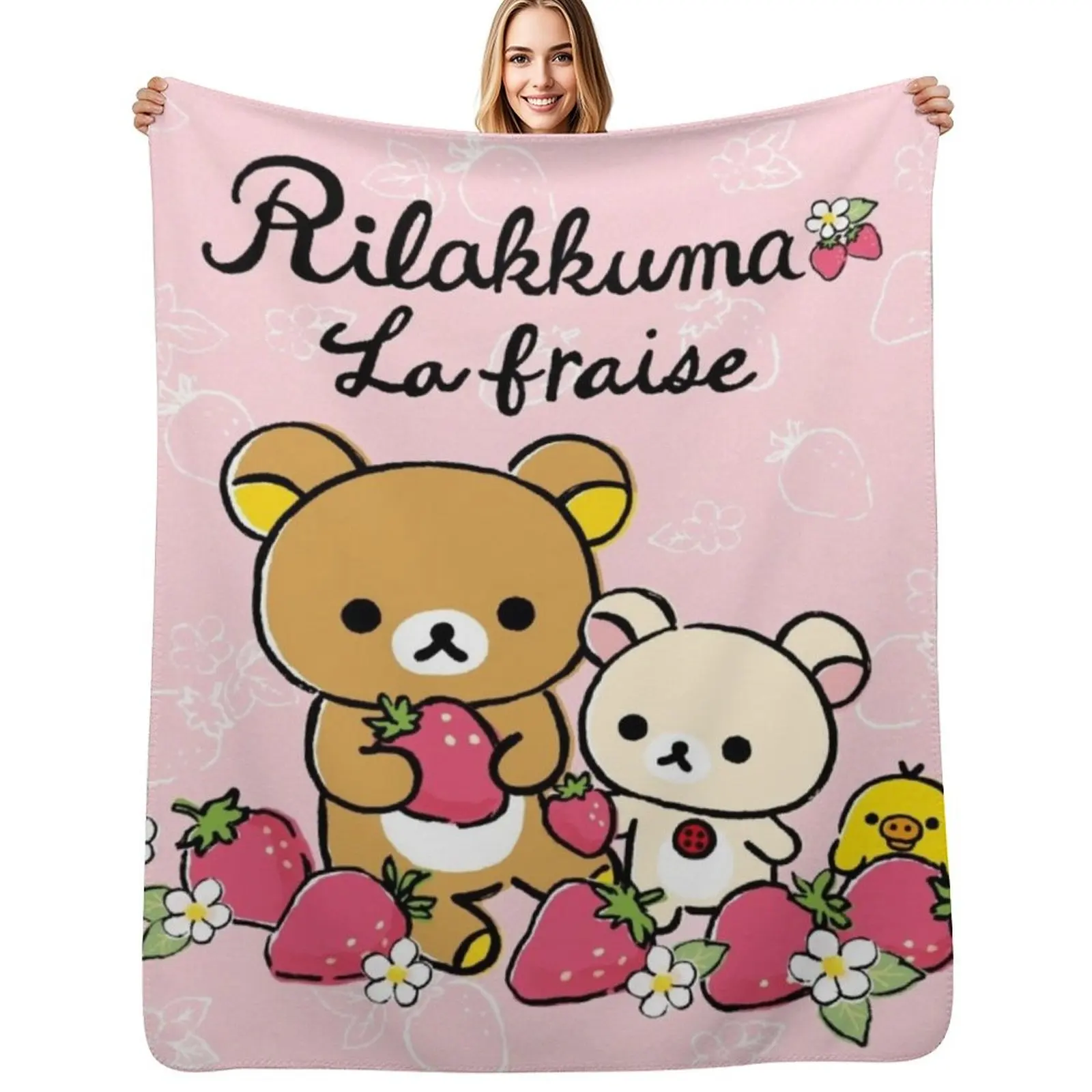 

Cute Rilakkuma strawberry Throw Blanket Faux Fur Soft Warm Blanket for Bed
