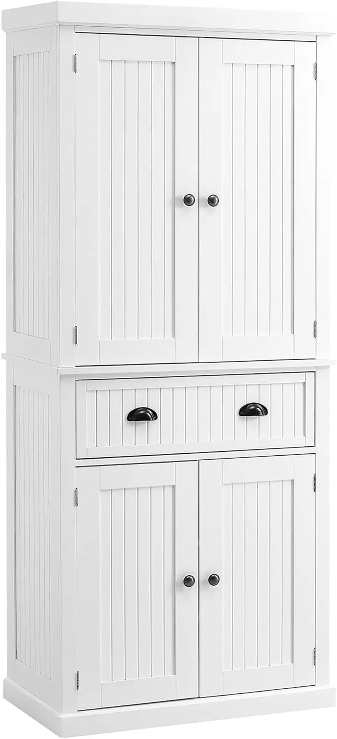 

Kitchen Pantry Storage Cabinet, Traditional Freestanding Cupboard with Doors and Adjustable Shelves, Large Central Drawer, White