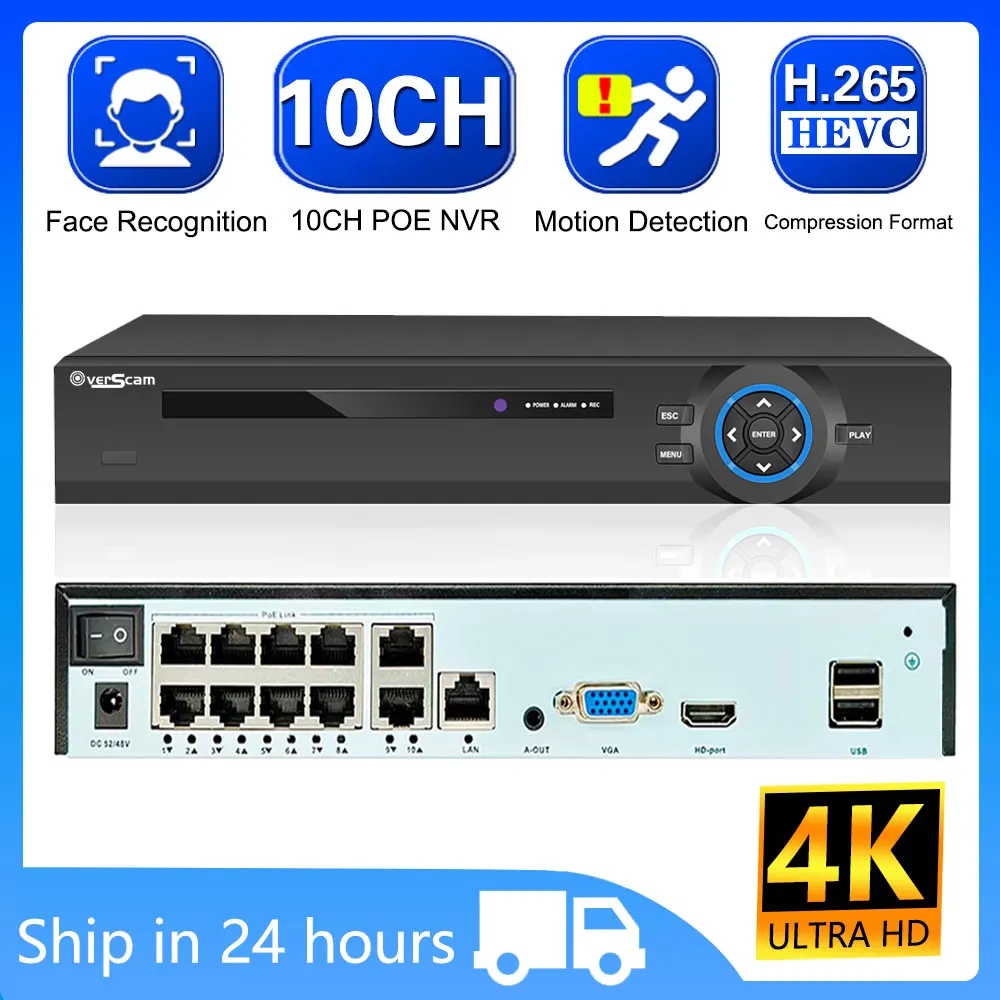 

IP-камера видеонаблюдения H.265, сетевая камера безопасности с функцией обнаружения лица, 4K, 10 каналов, 8 Мп, POE, NVR, P2P