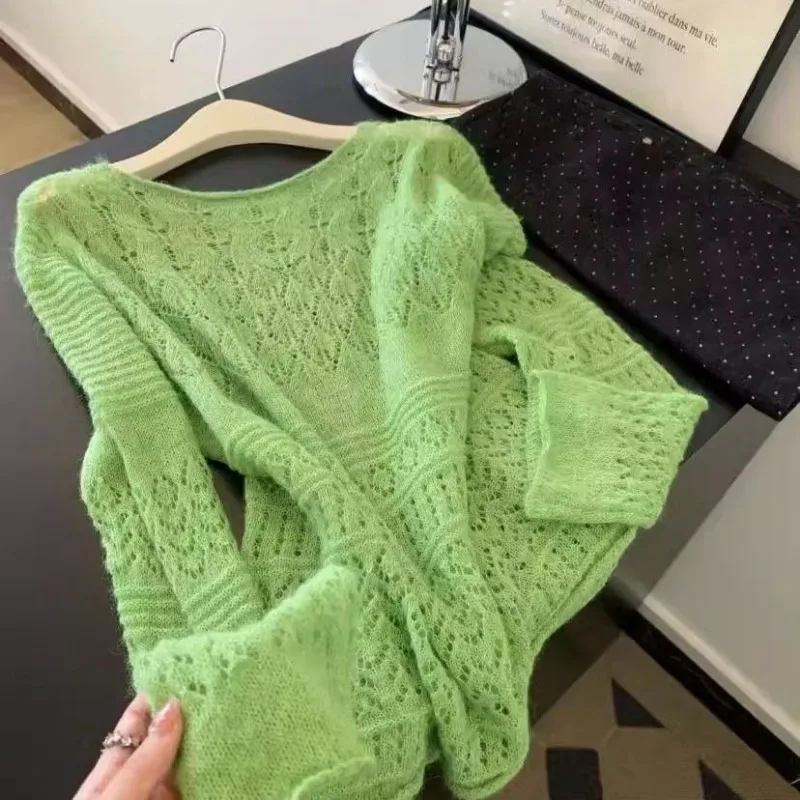 

Полая вязаная блузка, женская новая летняя стильная свободная рубашка с длинными рукавами и кондиционером, топ