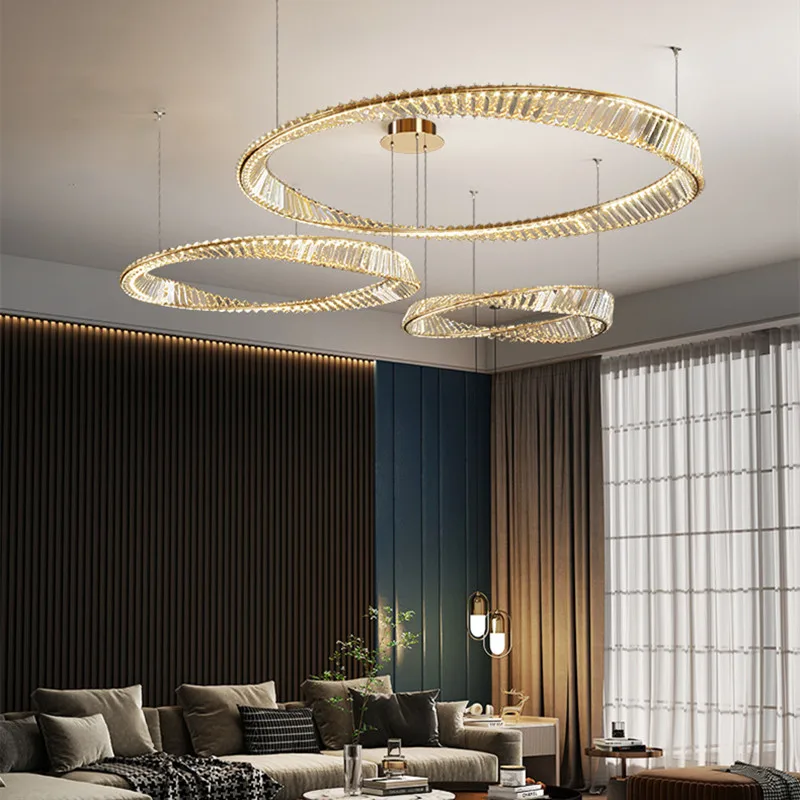 

Modern Luxury Living Room Led Dimmable Chandelier Plated Steel Gold Irregular Ring Pendant Lights K9 Crystals Led Hanging Lamp