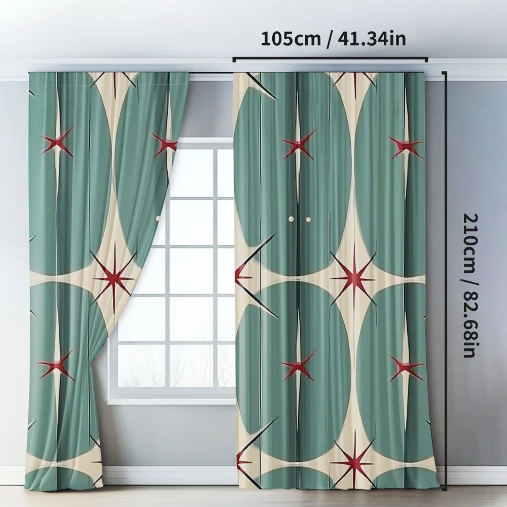 2pcs Retro Mid-Century Modern Bedroom Curtains - Teal Geometric Star Pattern, Rod Pocket Design for Privacy & Light Blocking, Th