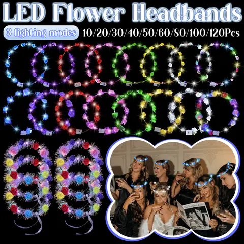 10-120Pcs LED Flower Headbands Light up Flower Headband Glow in the Dark Headband Wedding Party Music Festival Favors for Guest