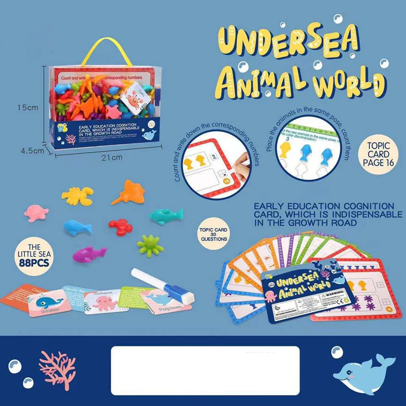 Children Rainbow Counting Soft Glue Animal Toys Montessori Toys Early Education Teaching Aids English Question Card Teaching Set