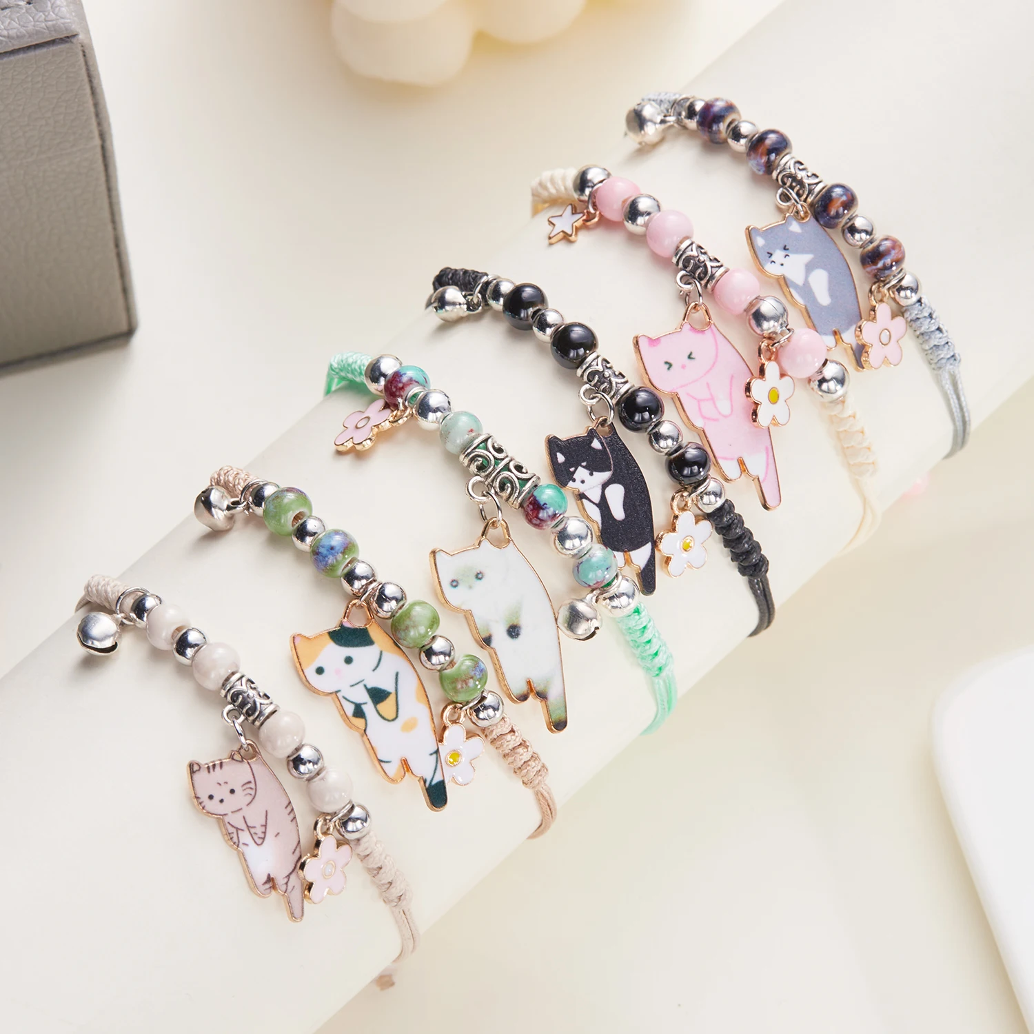 Cartoon Enamel Animal Cat Flower Bracelet for Girl Kids Women Charm Pet Pendant Strap Rope Bracelets Handmade Friendship Jewelry