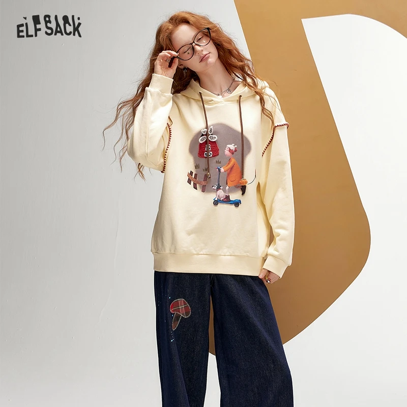 ELFSACK 2024 Autumn New Arrivals Fun Print Casual Hoodie for Women Loose Thin Sweatshirt