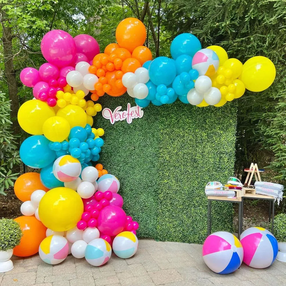 

129pcs Summer Pool Beach Party Balloon Garland Kit Arch Rose Red Orange Yellow Blue Balloons for Luau Hawaii Events Party Decor