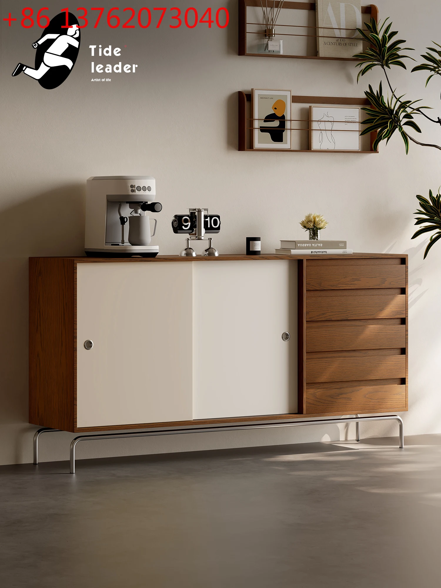 

Mid-Century Style Small Apartment Sideboard, Wall-Against Integrated Storage Cabinet, Living Room Locker