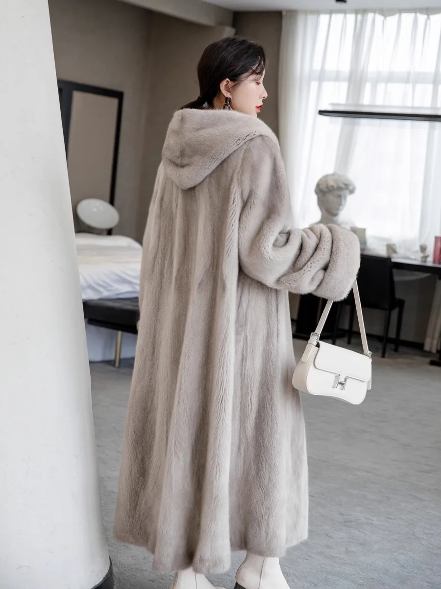 Autumn Winter Long Luxury Elegant Thick Warm Fluffy Soft Faux Mink Fur Coat Women with Hood Loose Furry Overcoat 2025