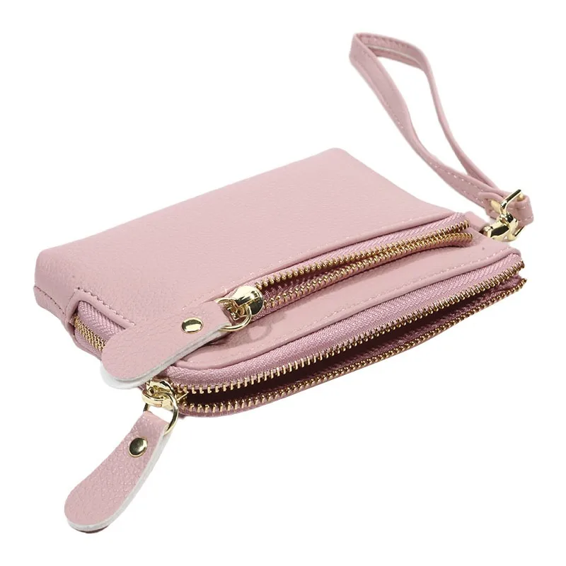กระเป๋าสตางค์สั้นหนัง PU พับคู่สไตล์วินเทจพร้อมกระเป๋าใส่เหรียญซิปช่องใส่การ์ดหลายช่องและสายรัดข้อมือแบบสบาย ๆ แบบพกพาคลิปการ์ด