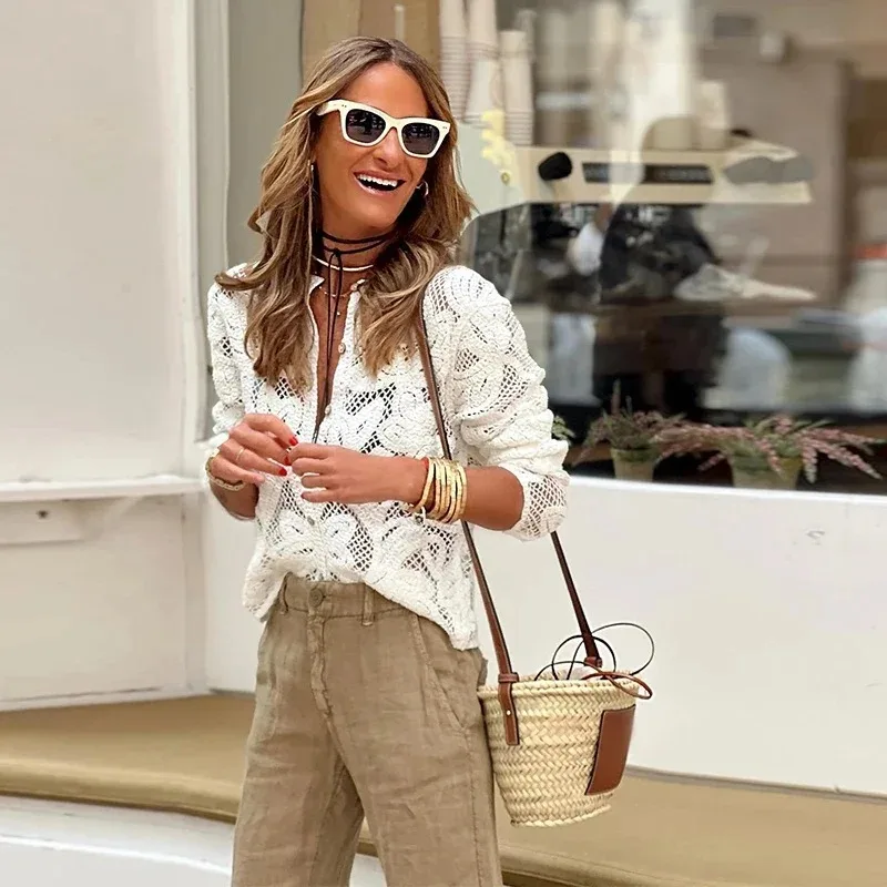 

Elegant Women O-neck Single Breasted Crocheting Blouse Chic Long Sleeve Hollow Out Shirt 2025 Lady High Streetwear Commute Wear