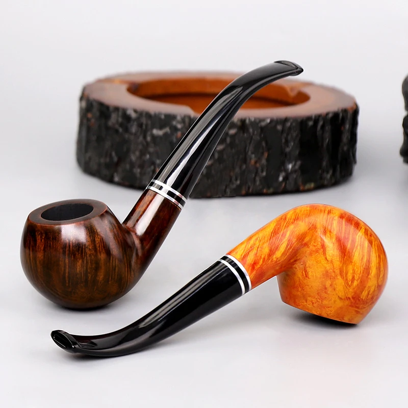 MUXIANG Handmade Briarwood Pipe Bent Stem Double Ring  Holder 9mm Filters Tobacco With Free Tools Set Smoking Accessories aa0456