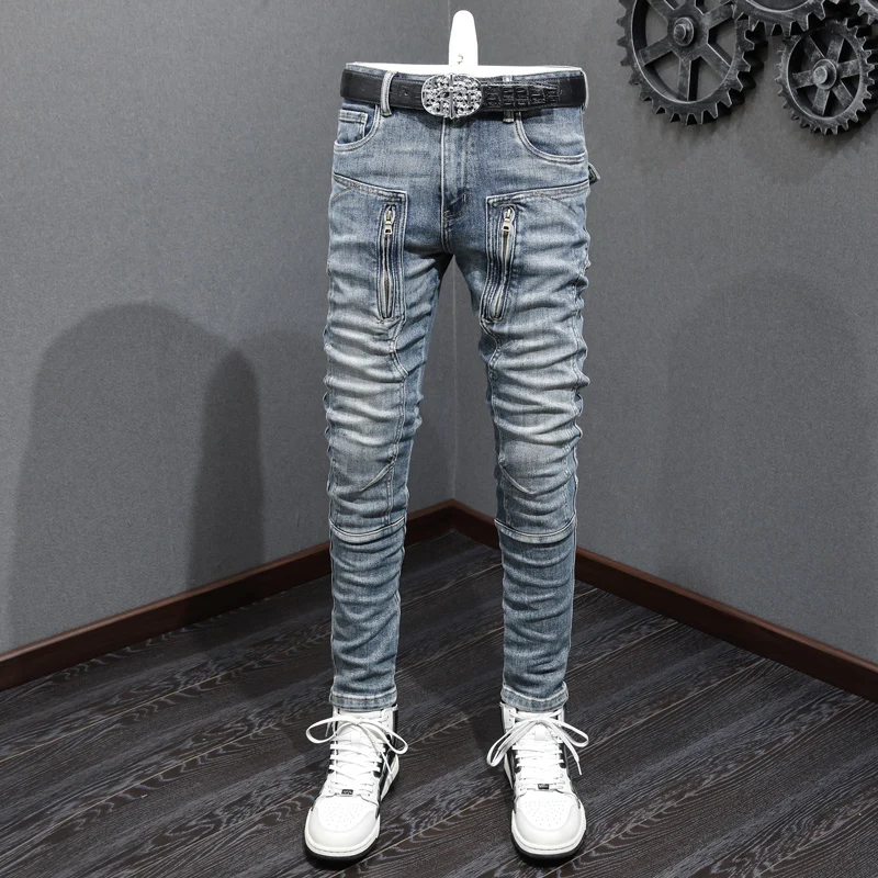 

High Street Fashion Men Jeans Retro Blue Stretch Slim Fit Spliced Biker Jeans Men Zipper Designer Hip Hop Denim Pants Hombre