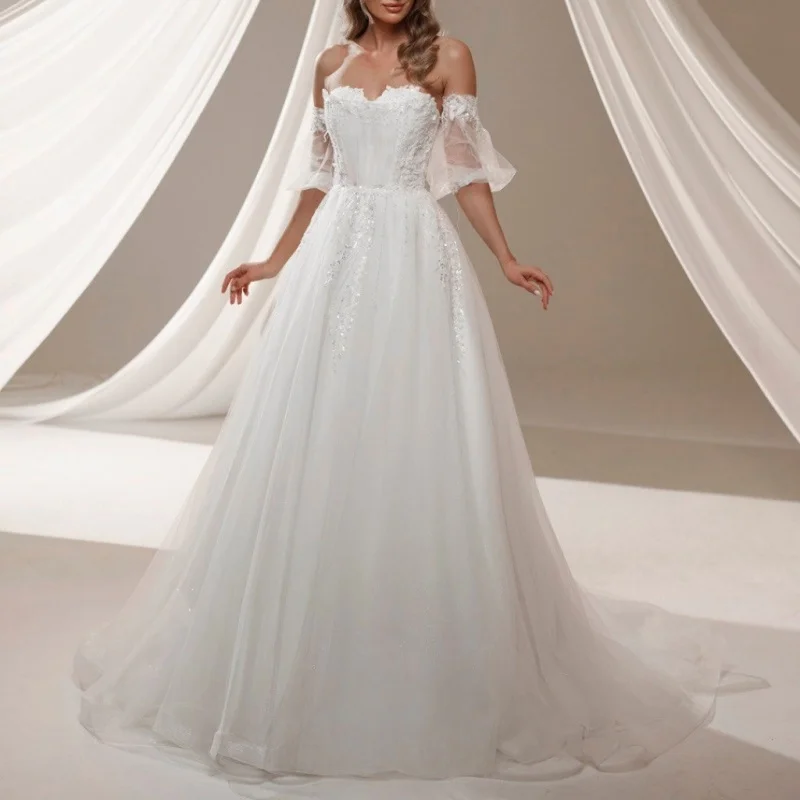 

Customized Shiny white Royal Wedding Dresses Long tail Lace applique Tull Lace Made Robe De