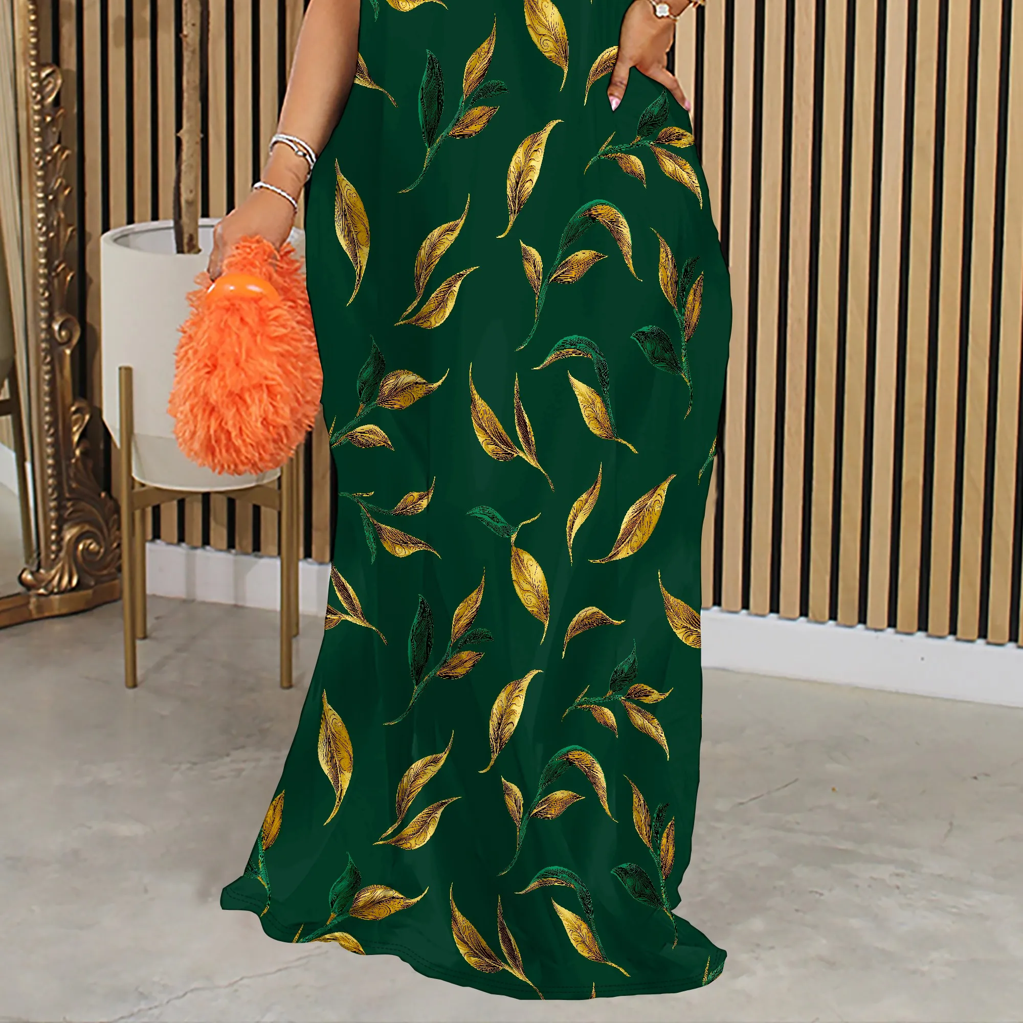 Women Sleeveless Maxi Dress Summer Boho Leaf Print Elegant Casual Long Sundress Beachwear Holiday Outfit