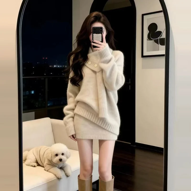 Autumn and winter thickened high-necked knitted two-piece set women's 100% pure wool loose top high-waisted short skirt set