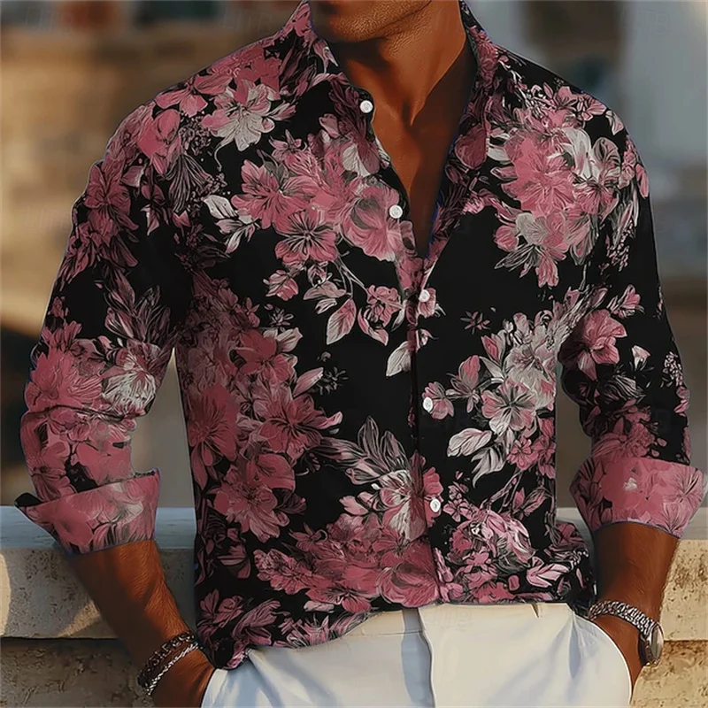 Men's Floral Print Neon Flower Shirt Hawaiian Vacation Everyday Street Lapel 3D Printed Lapel Shirt Black Pink Blue Purple - Image 3