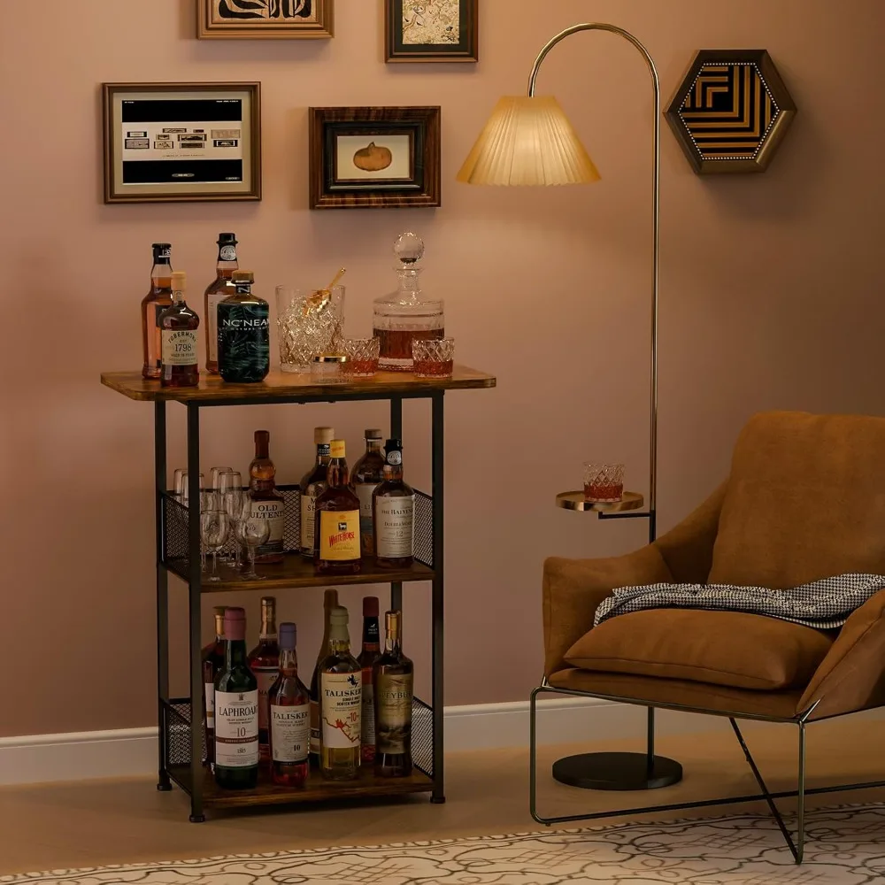 Floor Standing Freestanding Whiskey Rack: 3 Tier Wine Rack Mini Bar Table Corner Wine Bottle Display Stand Liquor Cabinet Bar
