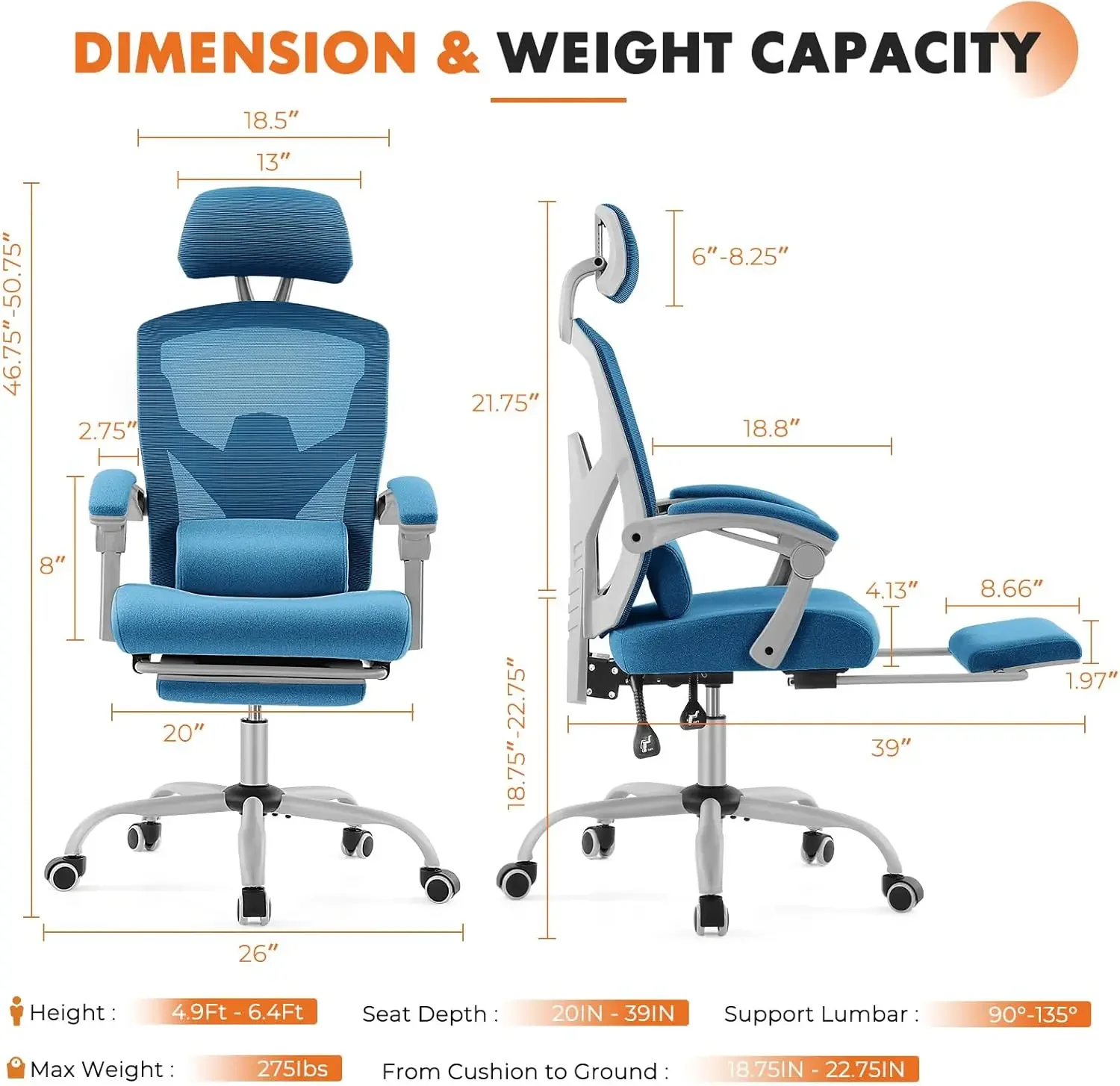 AJUNION High Back Mesh Office Chair Comfortable Lumbar Support Computer Chair Adjustable Headrest Ergonomic Chair with Footrest