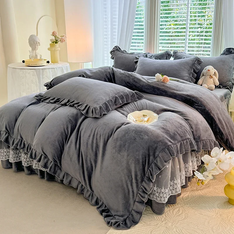 Hot solid color Korean version lace bed skirt kit flannel quilt cover thickened warm four-piece set