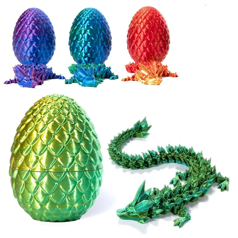 4 PCS 3D Printed Dragon With Egg - Crystal Dragon Fidget Surprise Toys PLA Posable Flexible Articulated Dragon