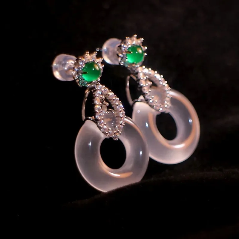 Fashion Ethnic Chinese Style S925 Inlaid Natural Jade Ice Type Ping Buckle Chalcedony Earrings for Women Party Girlfriend Gift
