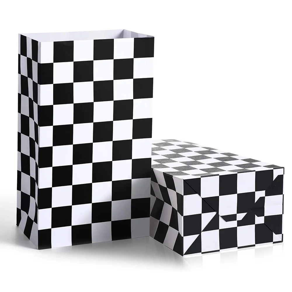 4pcs Black White Checker Racing Flag Treat Gift Paper Cardboard Boxes with Handles Candy Goodie Bags Racing Birthday Party Favor