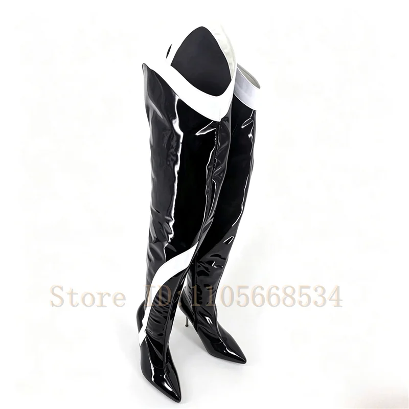 Women Patchwork Patent Leather Over The Knee Boots Pointed Toe Stiletto Heel Side Zipper Long Boots for Party Stage Performance