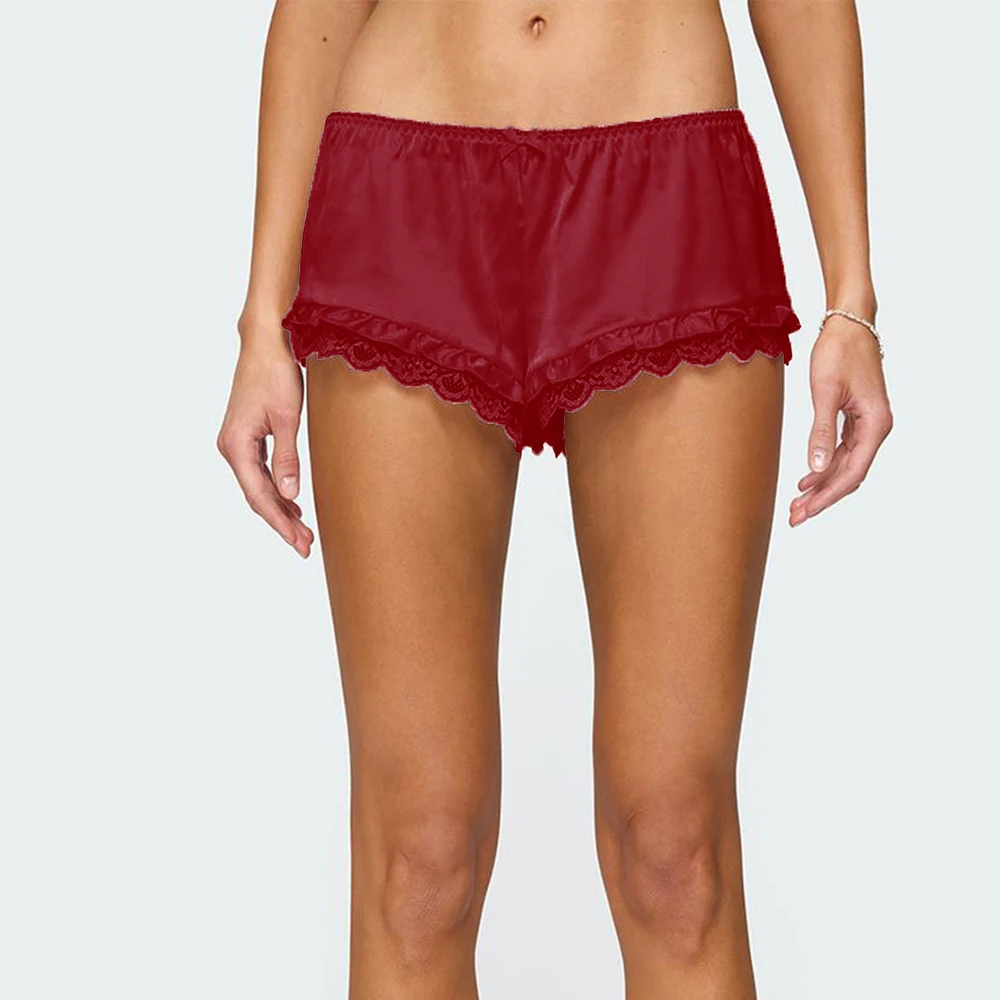 

Women y2k Fairy Solid Color Lace Trim Satin Boxers Shorts Elastic Waist Casual Loose Soft Shorts Sleep Bottoms Loungewear