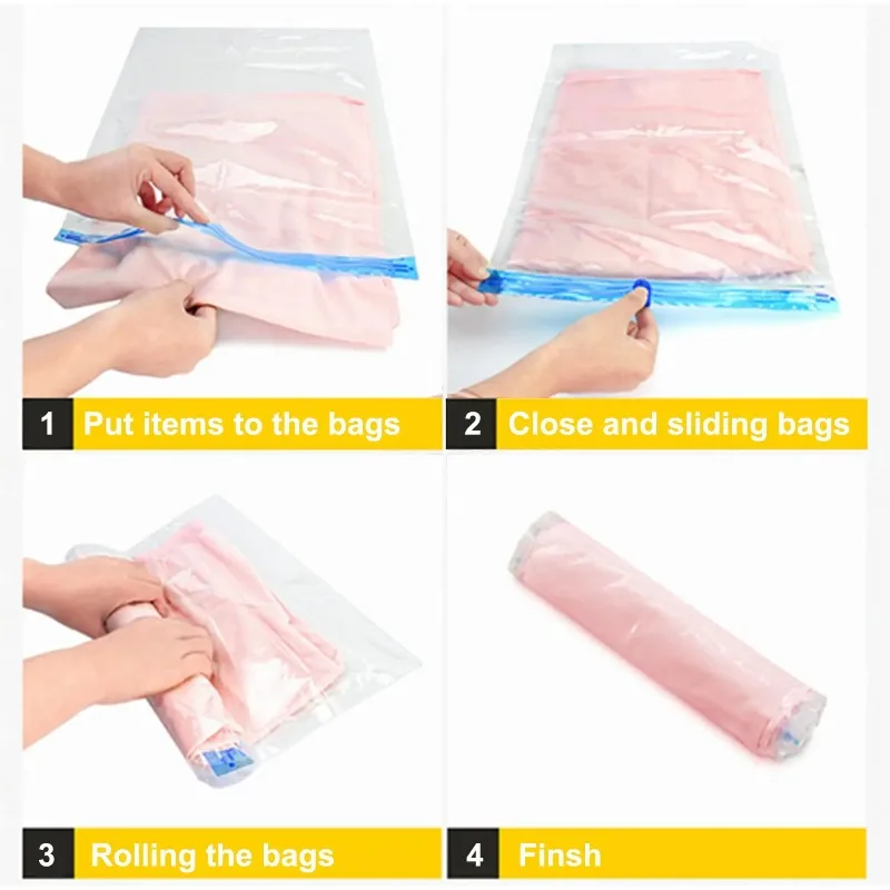 8 Pack Roll Up Compression Bags Reusable Vacuum Storage Bags for Travel Organizer Saving Space in Suitcase No Pump Required