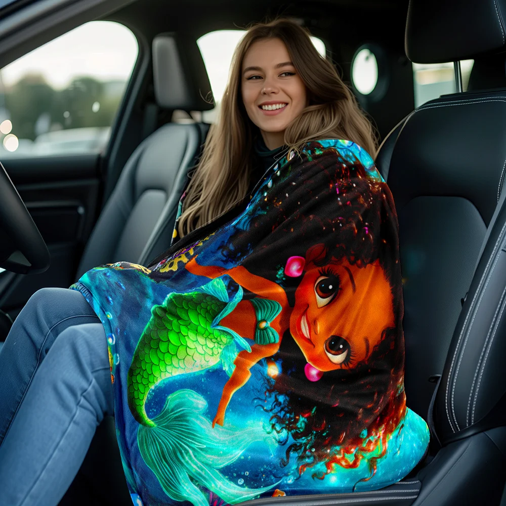 Black girl mermaid underwater ocean world fleece blanket soft throw for kids room decor fantasy sea creature gift