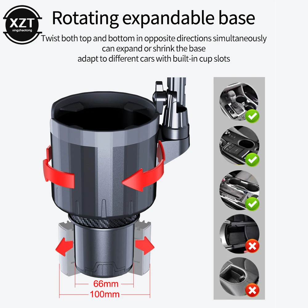 2 In 1 Multifunction Car Phone Holder Car Cup Holder Mobile Phone Holder Car Drinks Holder with Food Tray 360° Swivel Adjustable