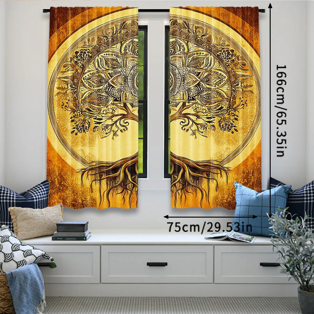 2Pcs Boho Curtain Oriental Atmosphere Warm Tone Ornate Life Tree With Warm Hues For Bedroom Living Room Dining Room And Bathroom